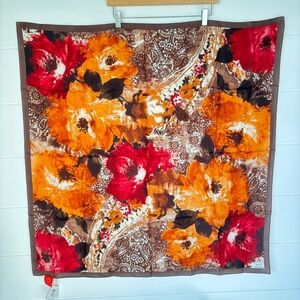 Oscar 100% Silk Floral Square Scarf with Red and Orange Accents NEW
